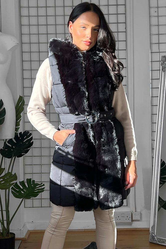 Faux Fur Trimmed Sleeveless Belted Jacket-SinglePrice