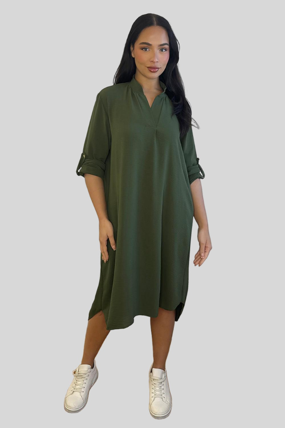 Rolled Up Sleeves Tunic Dress-SinglePrice