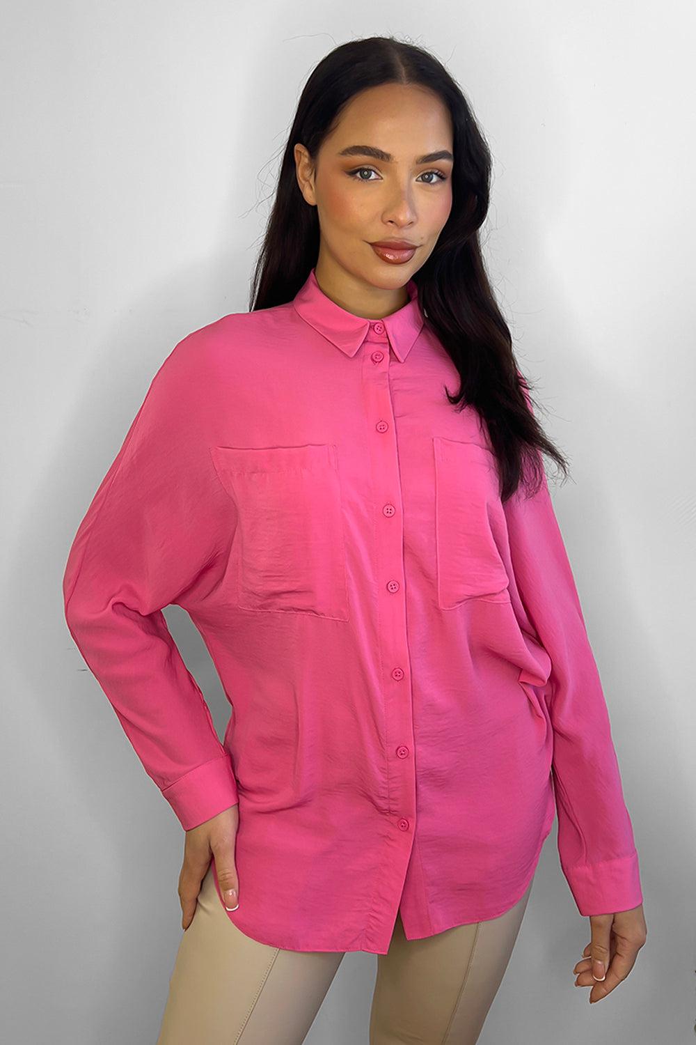 Hot Pink Crepe Open Chest Pockets Shirt-SinglePrice