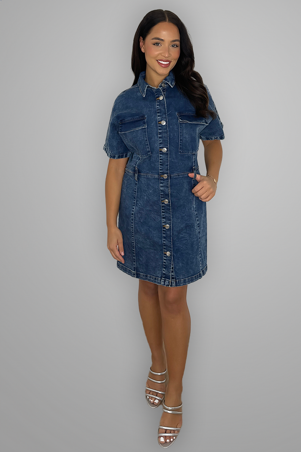 Button Down Short Sleeve Denim Midi Dress