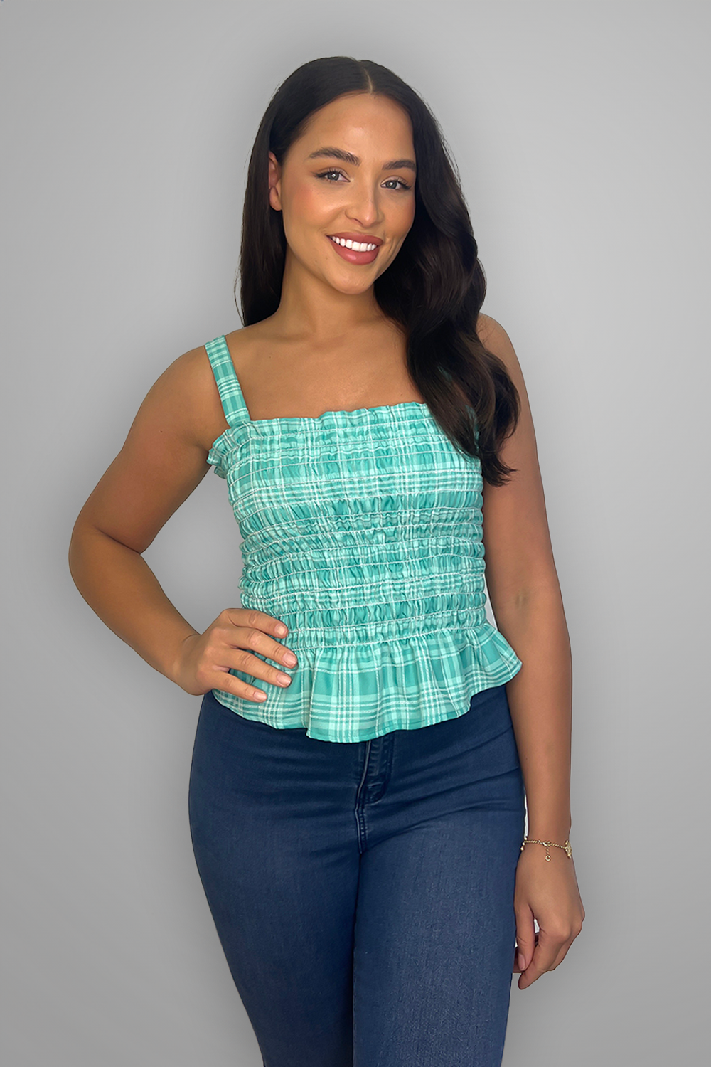 Turquoise Plaid Shirred Summer Top-SinglePrice