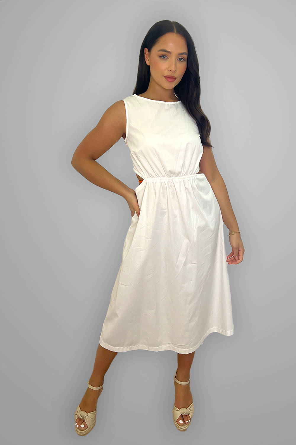 White Contrast Belt Midi Summer Dress-SinglePrice