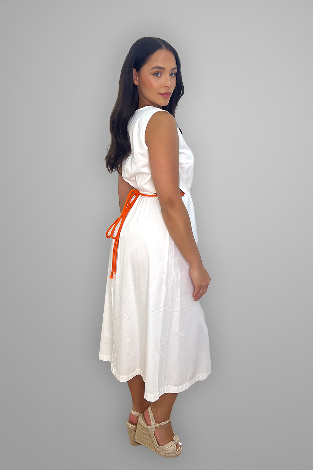White Contrast Belt Midi Summer Dress-SinglePrice