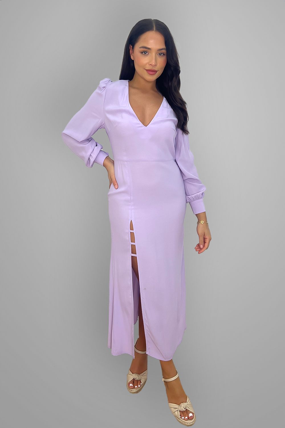 Low Cut Side High Side Slit Long A-line Dress-SinglePrice