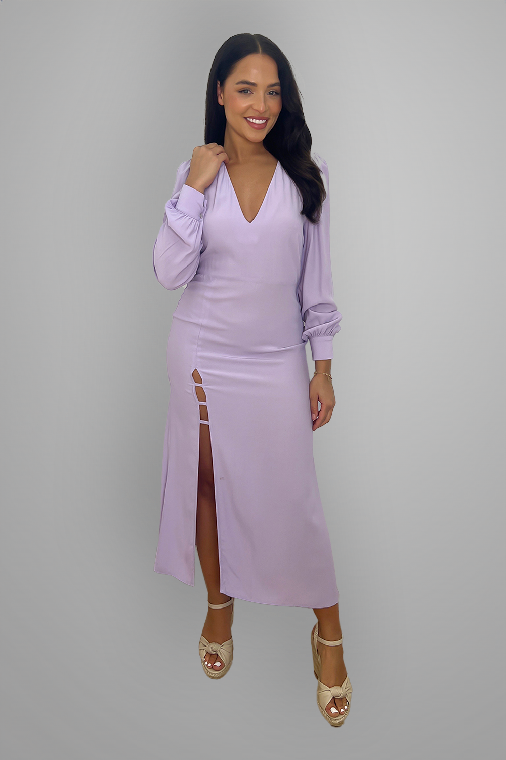 Low Cut Side High Side Slit Long A-line Dress-SinglePrice