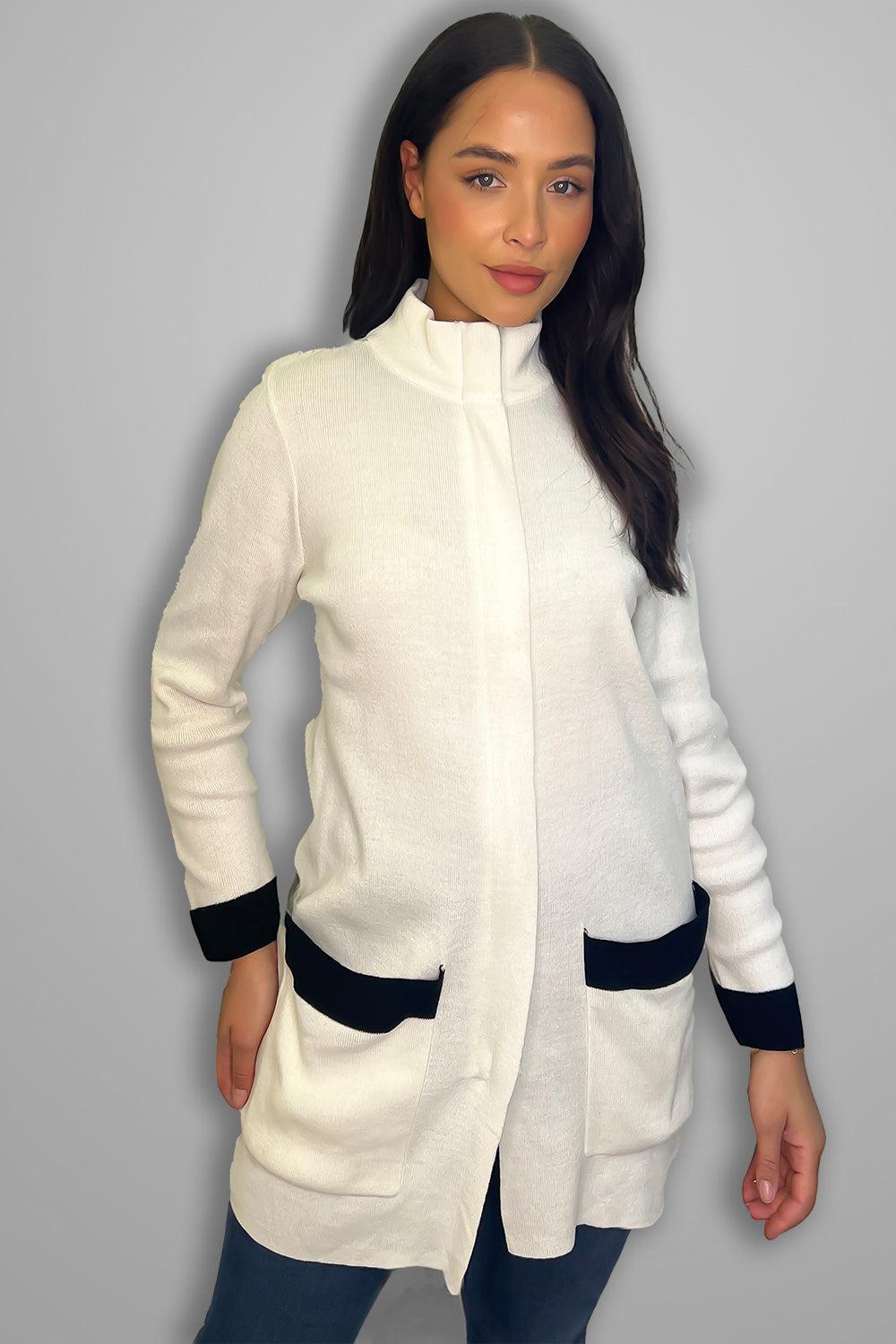 Off-White With Black Details High Neck Cardigan