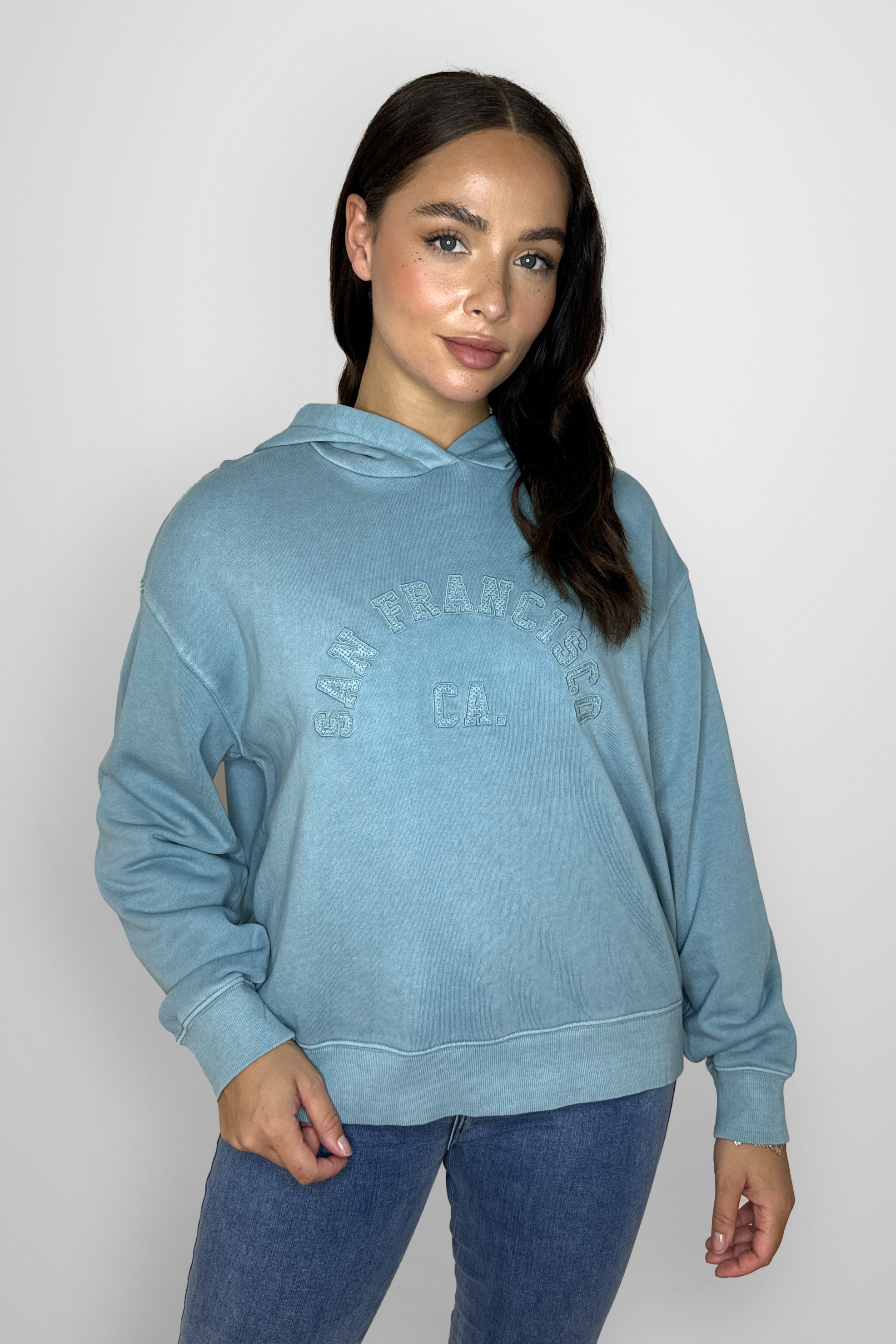 Petrol Blue Cotton Long Sleeve Slogan Hooded Sweatshirt