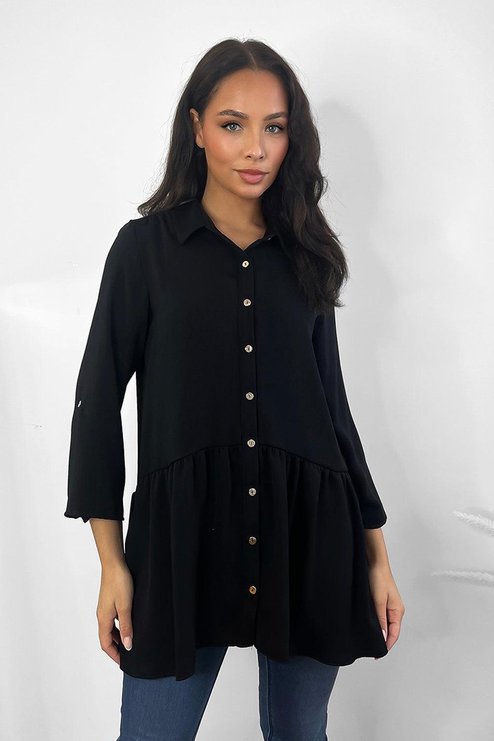 Black Satin Drop Hem Shirt-SinglePrice