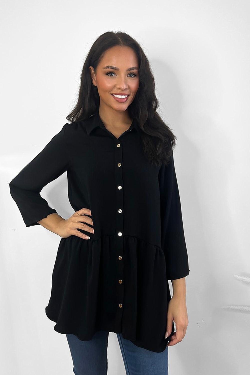 Black Satin Drop Hem Shirt-SinglePrice