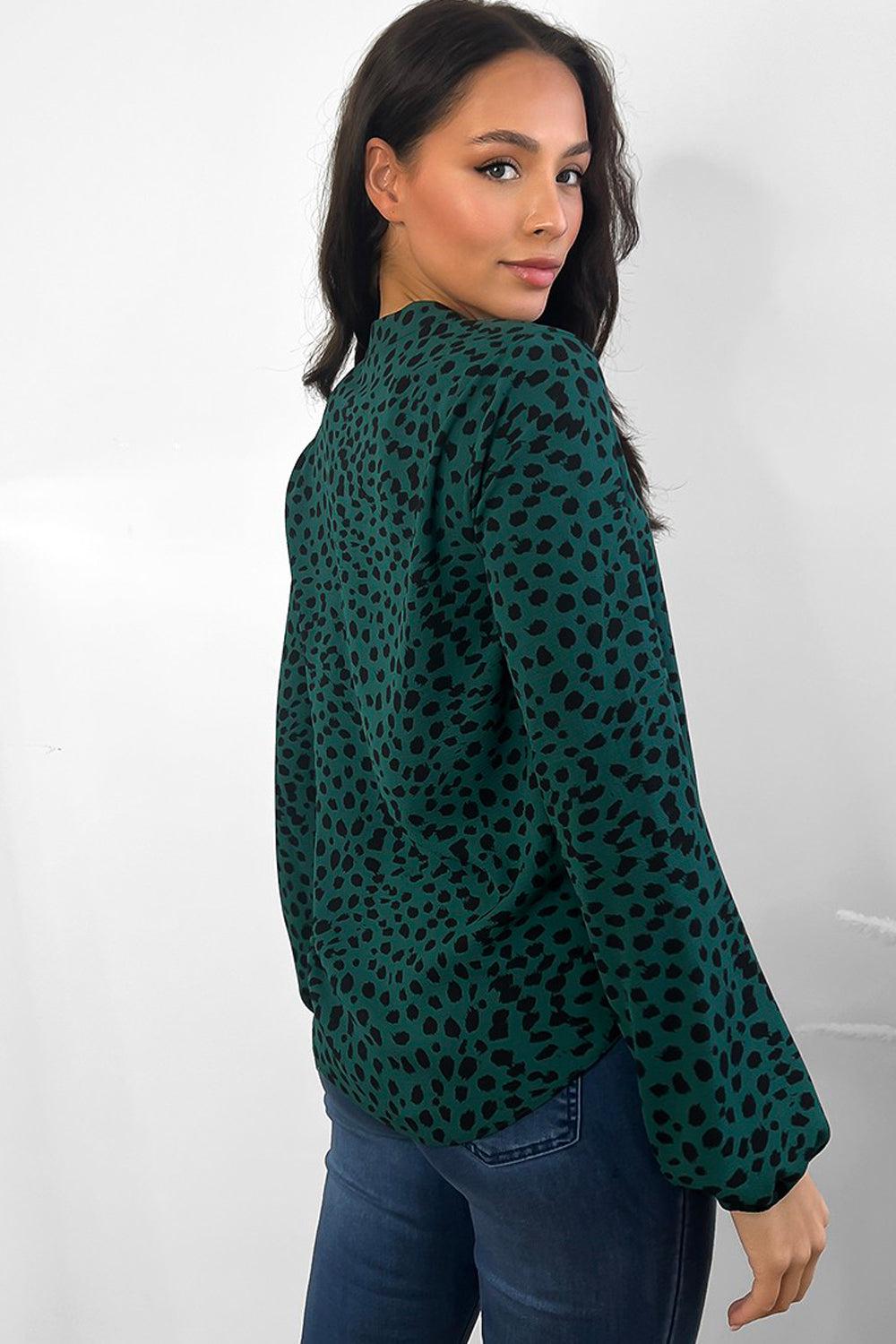 Green Black Leopard Print Frilled Neckline Blouse-SinglePrice