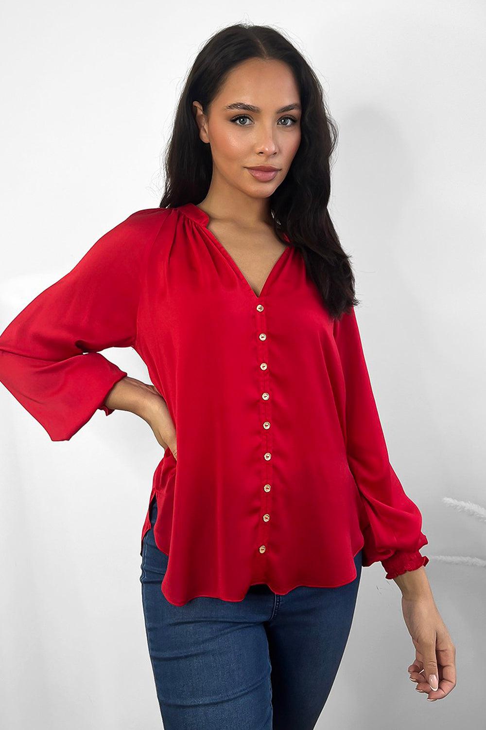 Red Satin Gold Buttons Front Grandad Collar Blouse-SinglePrice