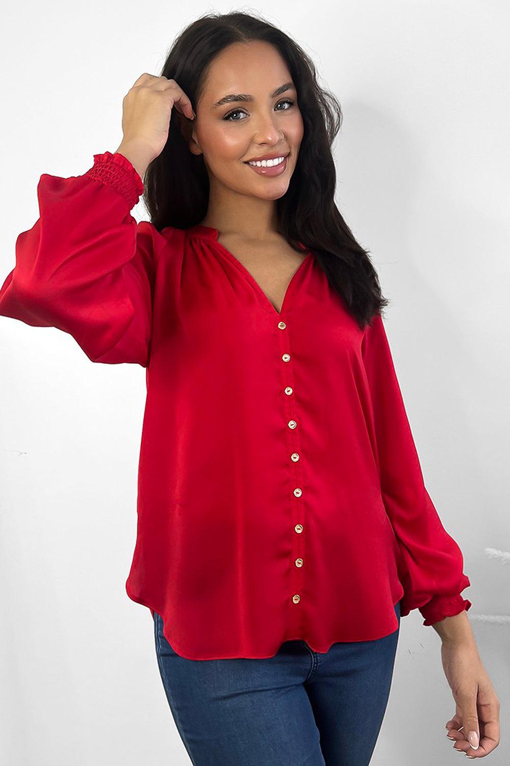 Red Satin Gold Buttons Front Grandad Collar Blouse-SinglePrice