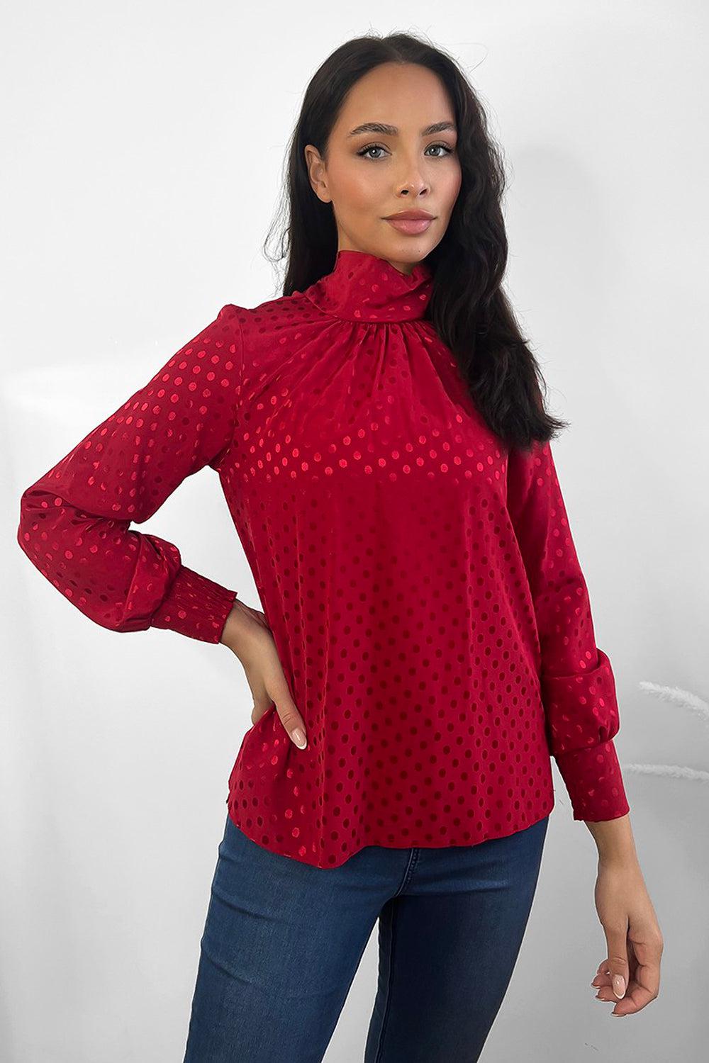 Red Polka Dot Satin High Neck Blouse-SinglePrice