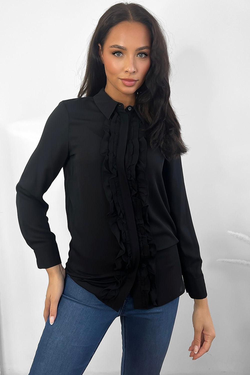 Black Frilled Button Placket Shirt-SinglePrice