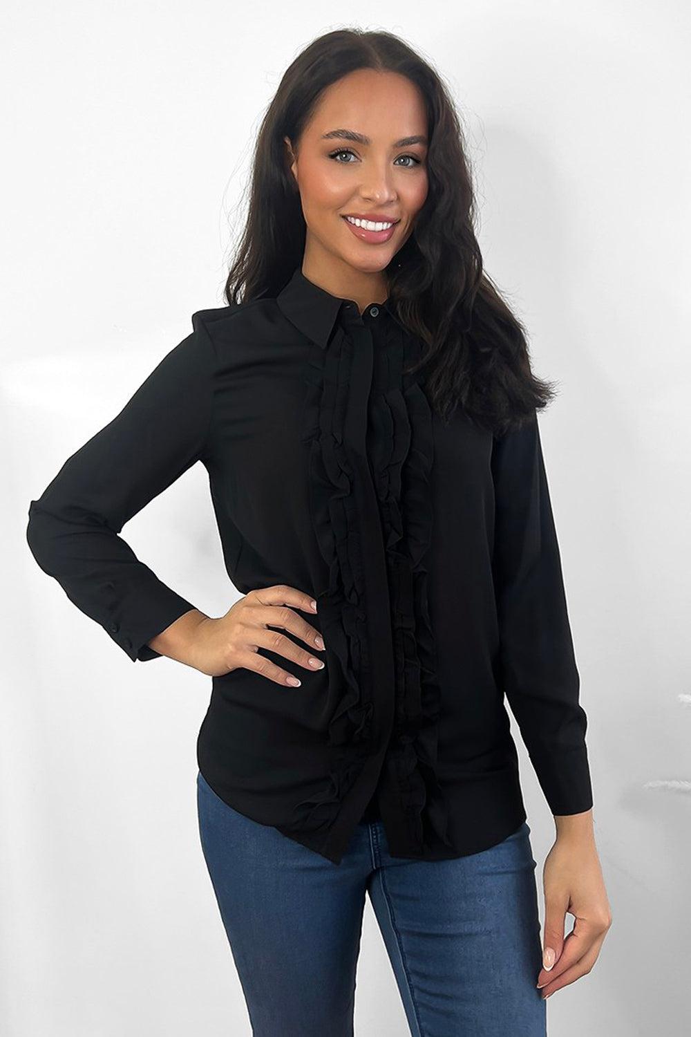 Black Frilled Button Placket Shirt-SinglePrice