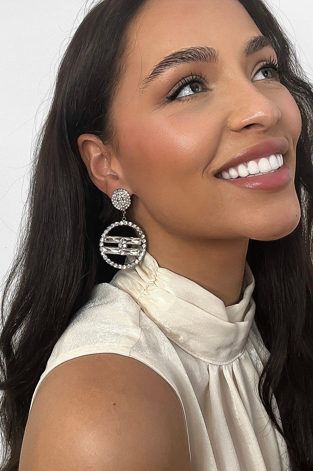 Crystals Embellished Drop Circle Earrings-SinglePrice