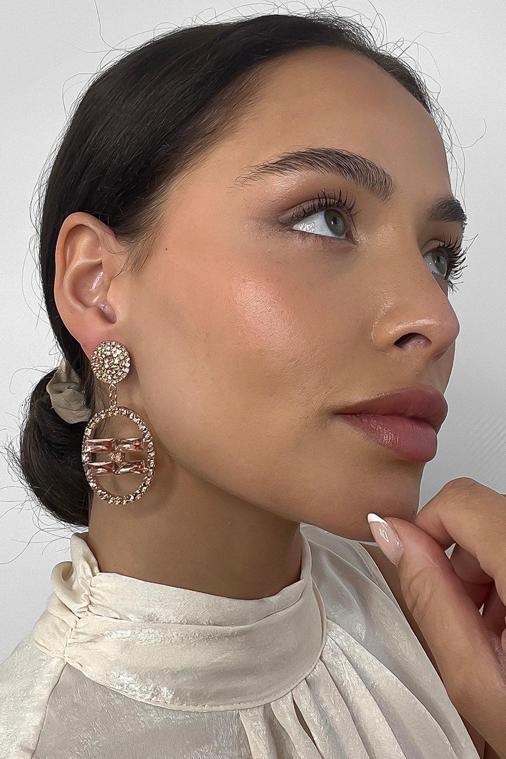 Crystals Embellished Drop Circle Earrings-SinglePrice