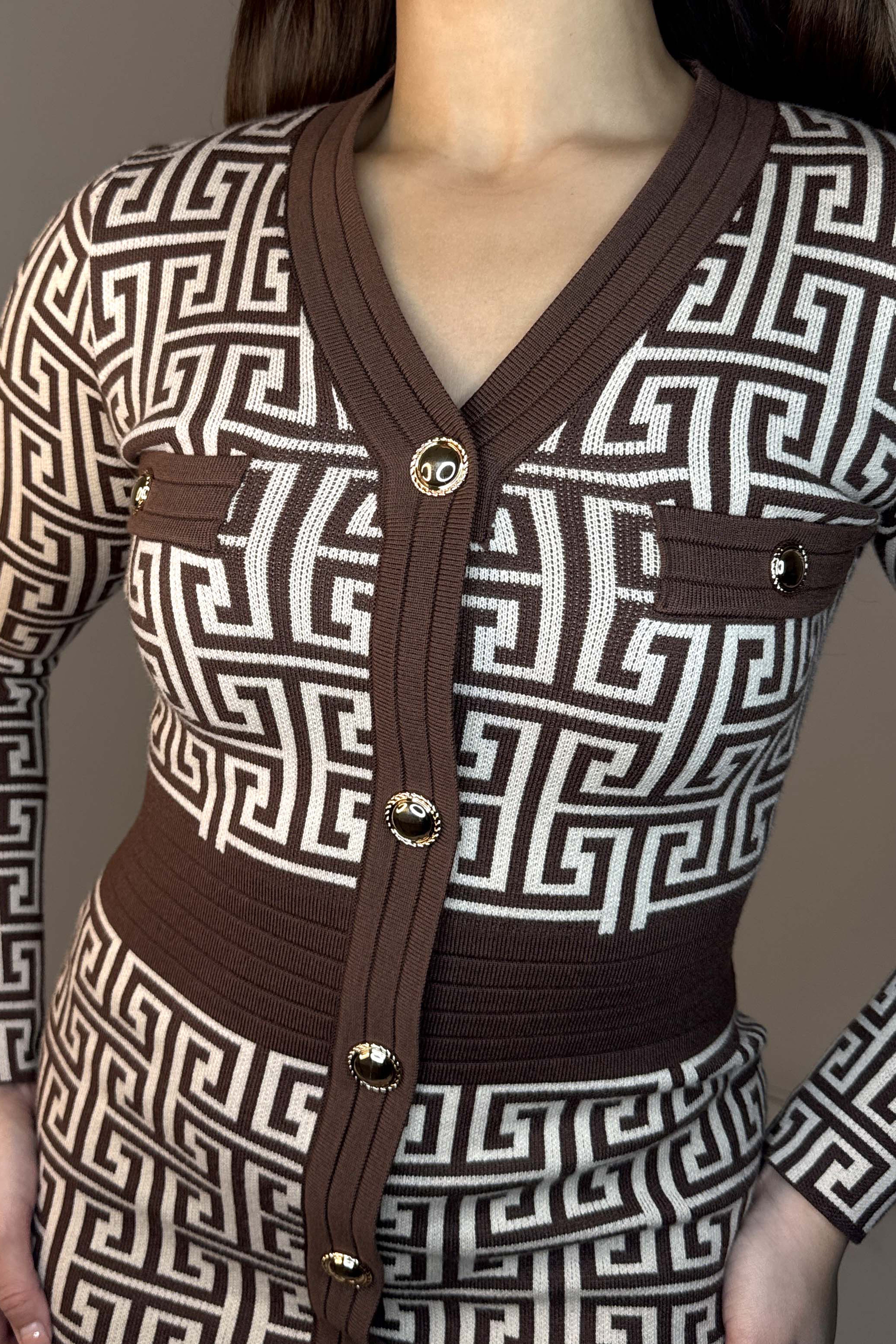 Greek Key Print Button Detail Viscose Blend Knitted Dress