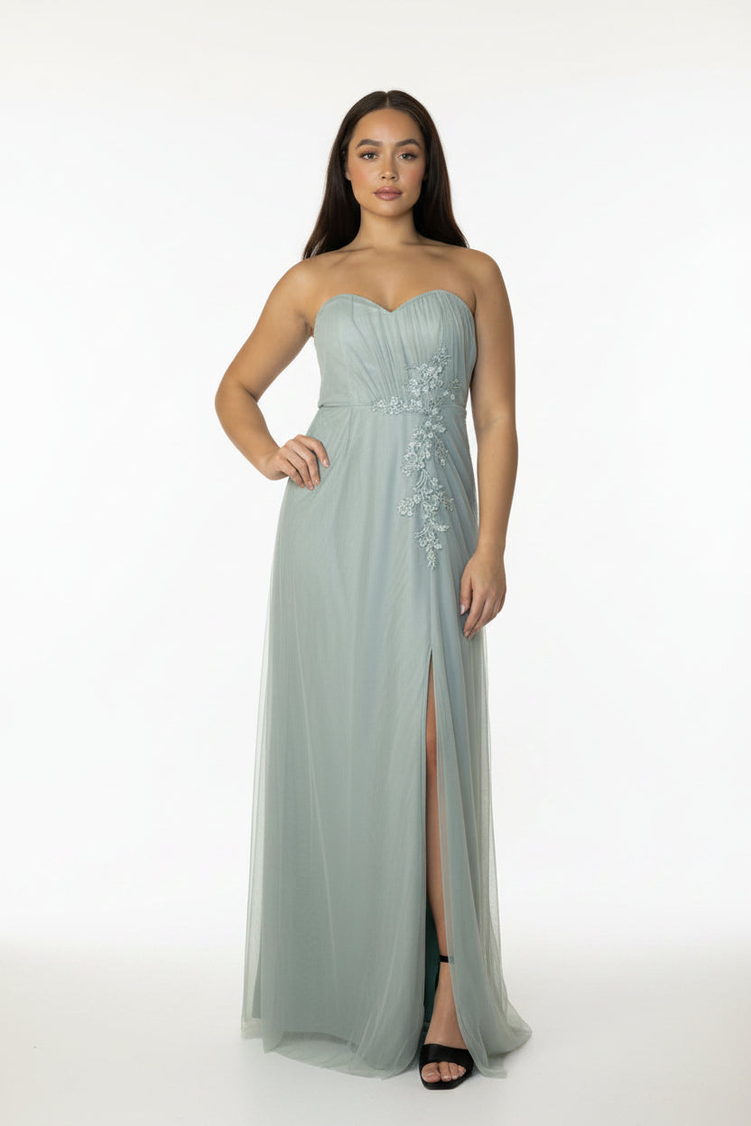 Strapless Lightly Padded Side Slit Embroidered Extra Long Occasion Dress