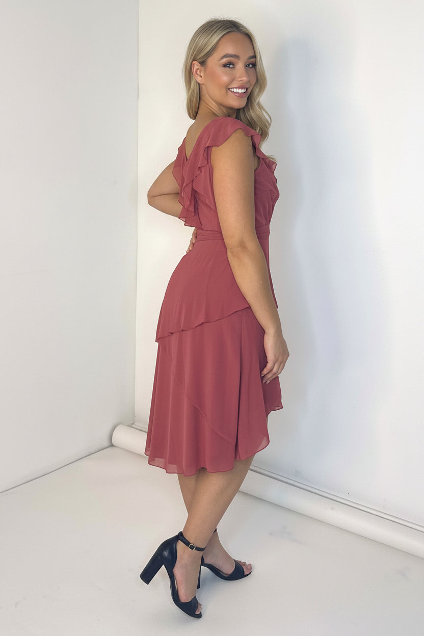 Plunge Neck Layered Chiffon Elegant Blush Dress