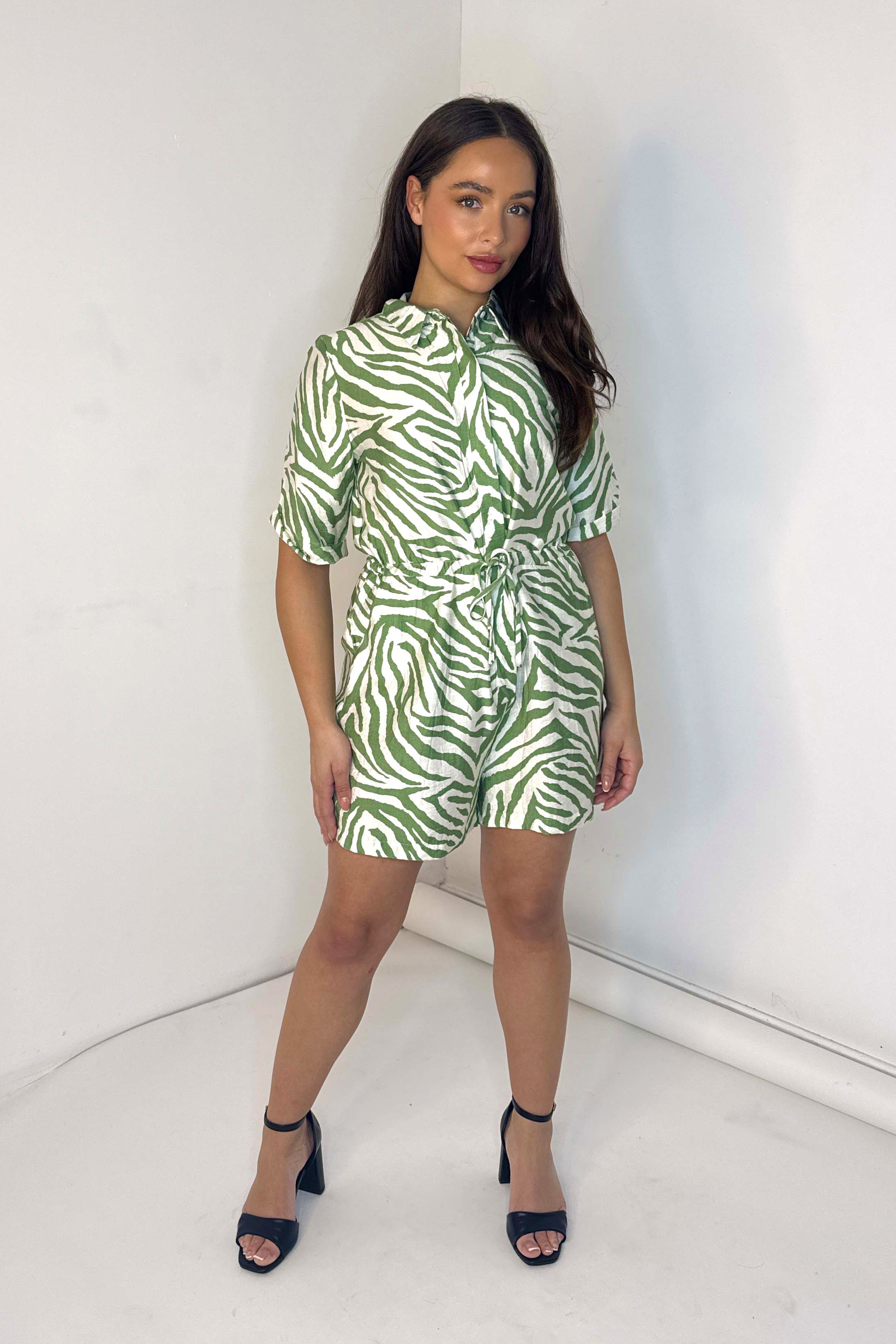 Zebra Print Tie Up Button Down Viscose Blend Playsuit