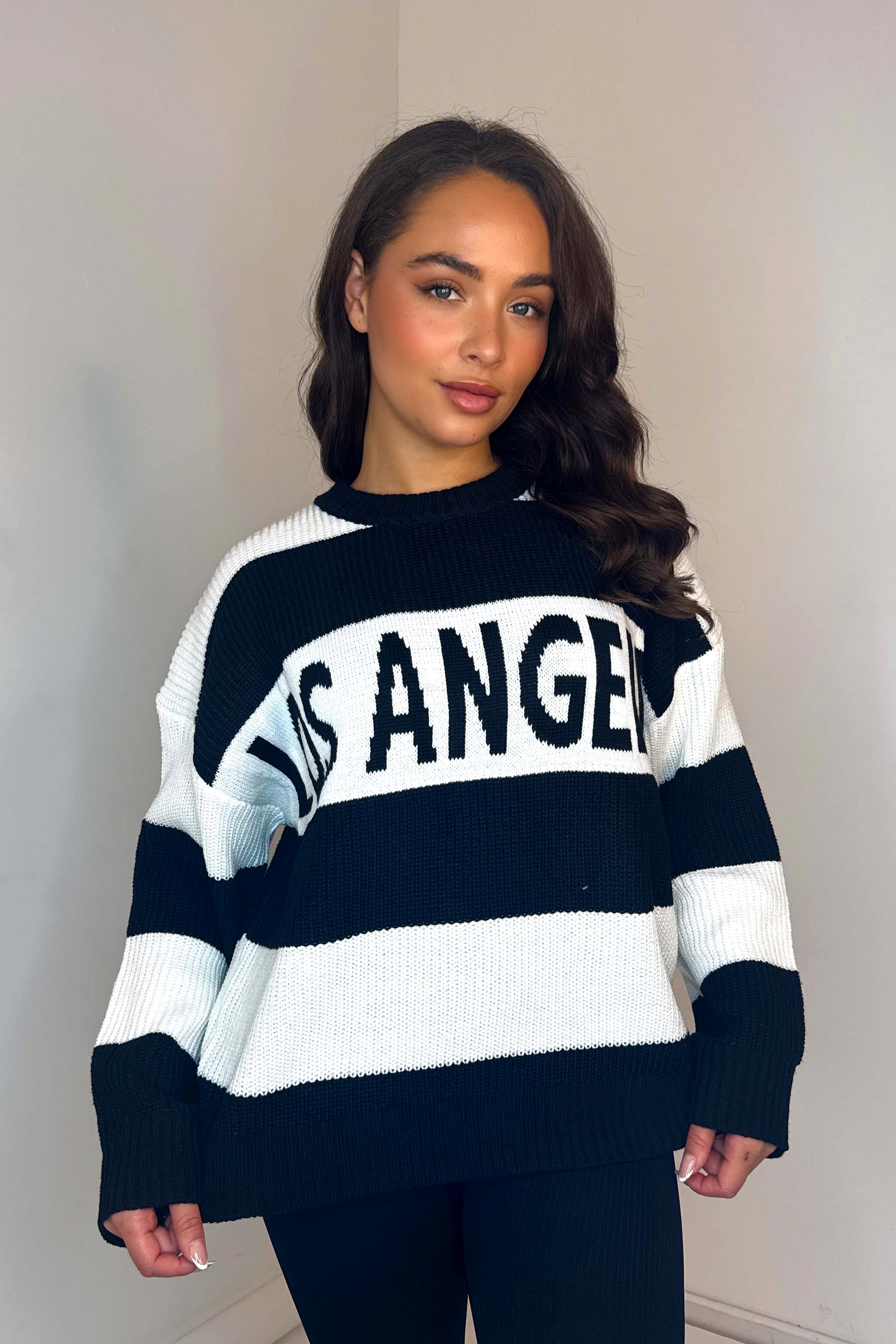 Wholesale Women’s Chunky Knit Stripy Slogan Relaxed Fit Jumper (PACK OF 6)