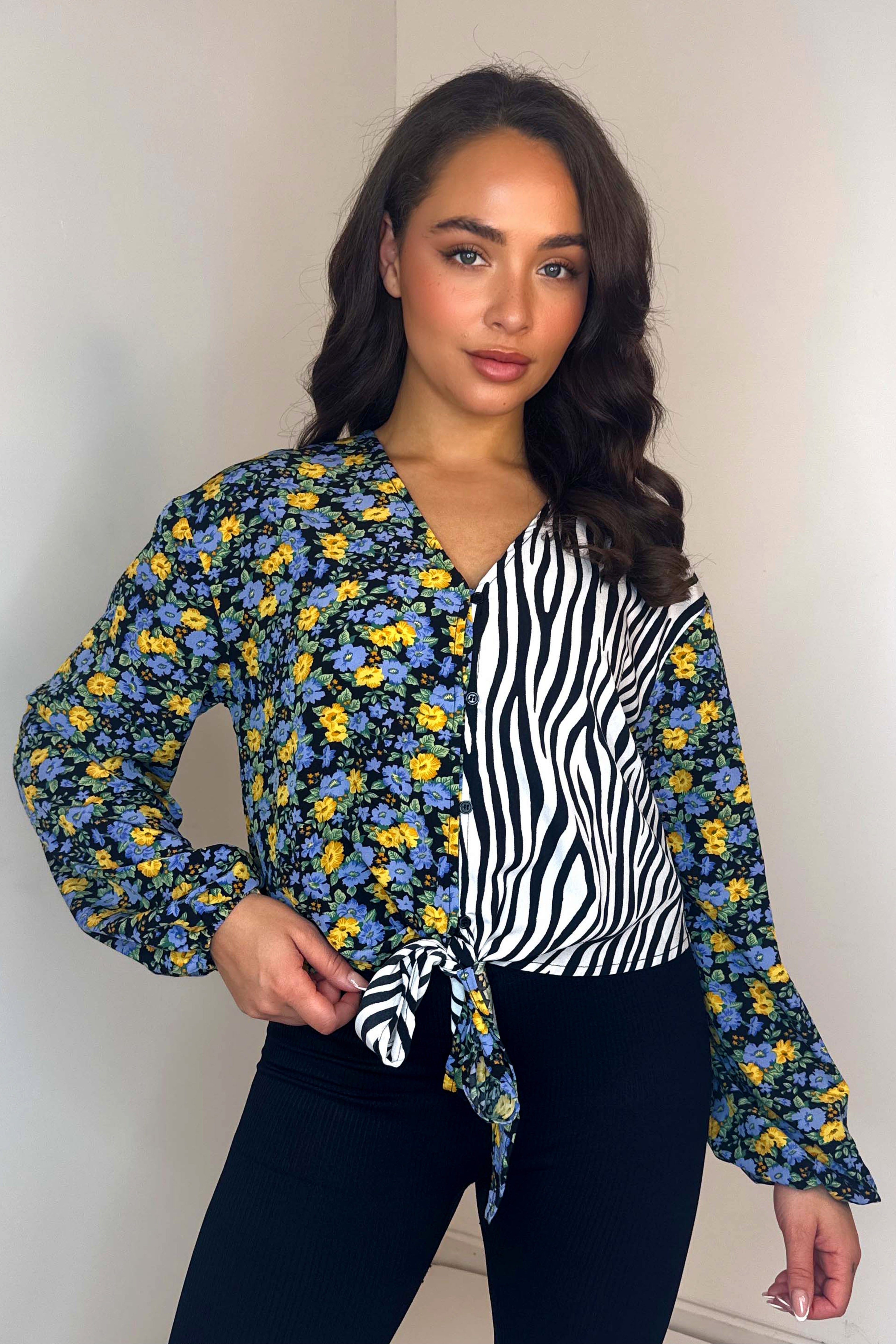 Contrast Print Tie Up Blouse