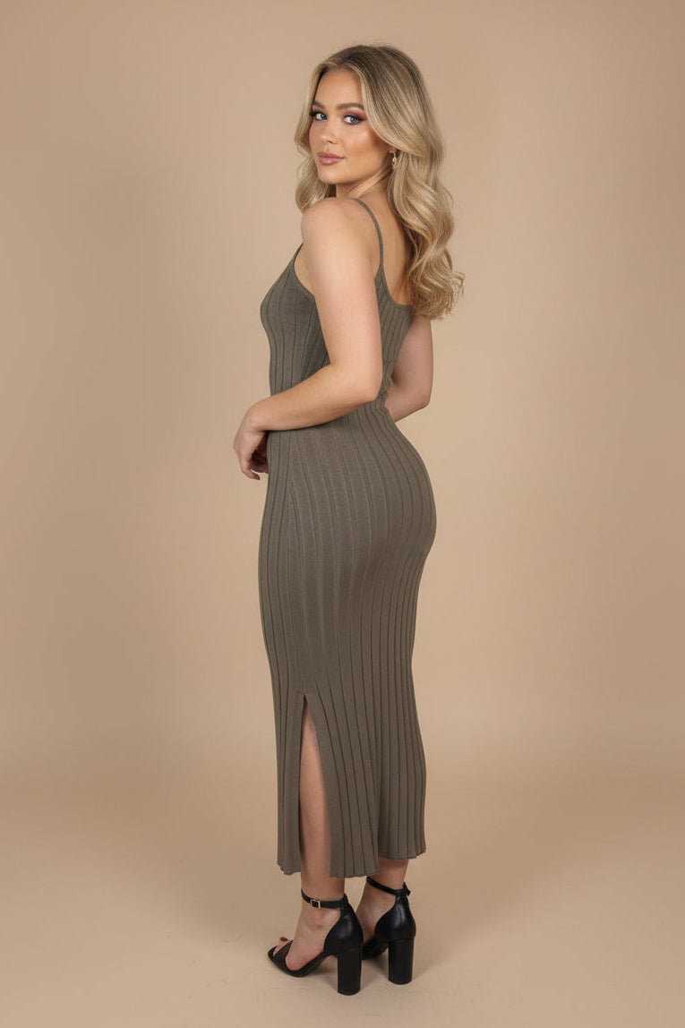 Strappy Viscose Blend Side Slit Long Knitted Dress