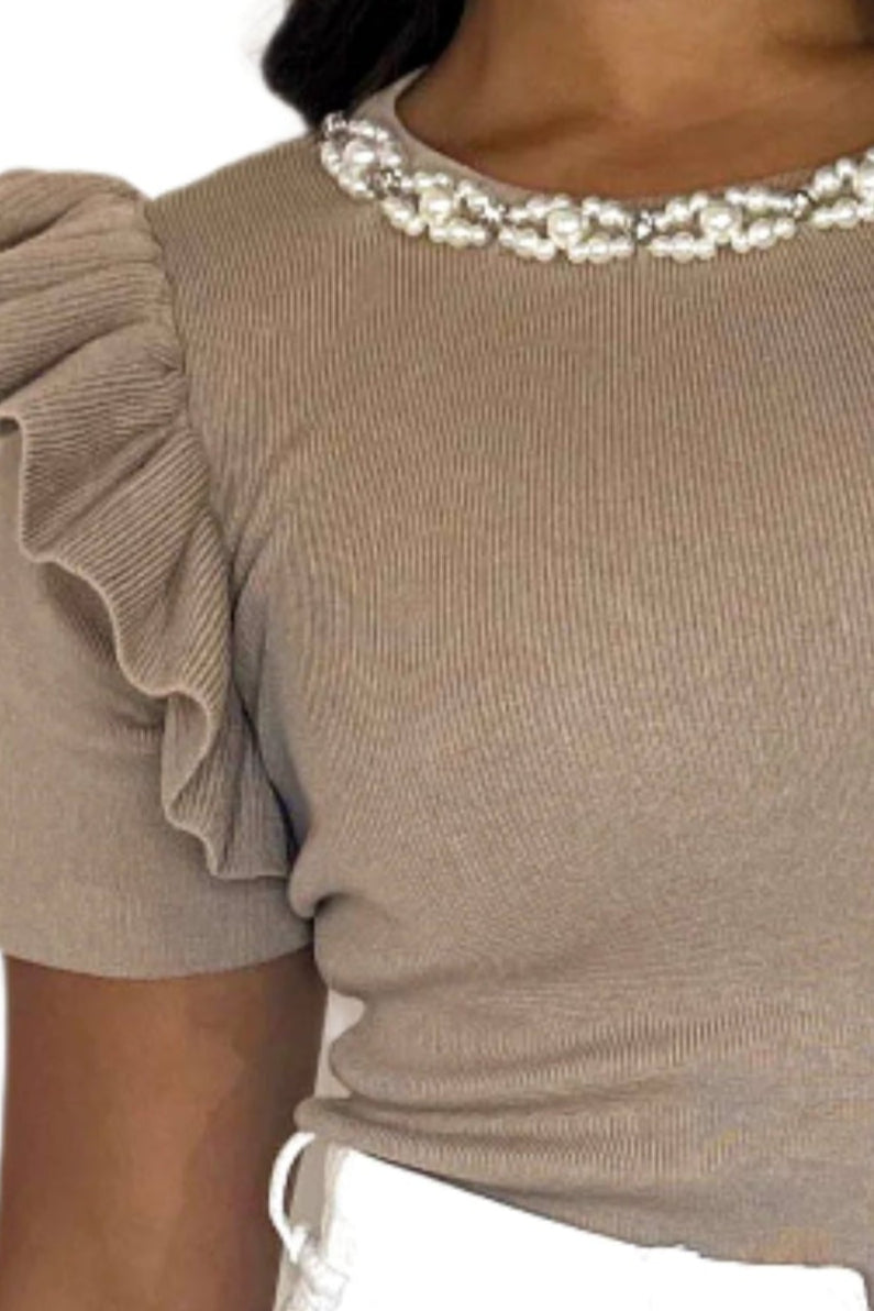 Frill Cup Sleeve Embellished Knitted Viscose Blend Bodysuit