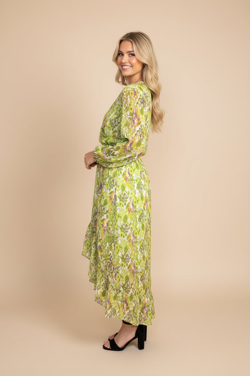 Low Cut Tie Waist Printed Chiffon Hi-Low Dress