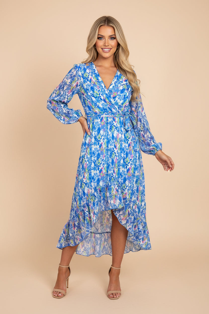 Low Cut Tie Waist Printed Chiffon Hi-Low Dress