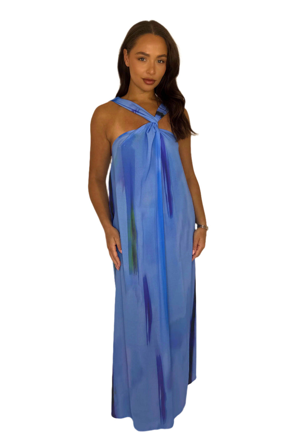 Wholesale Women's Twisted Halter Neck Tie Dye Chiffon Maxi Dress (PACK OF 4)