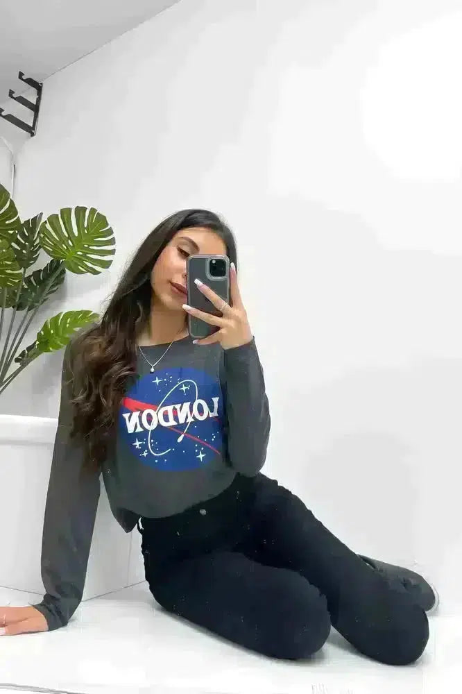 Grey London Galaxy Print Cropped Sweatshirt-SinglePrice