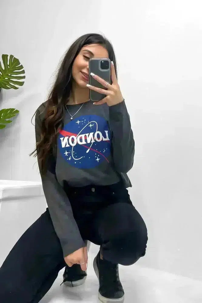 Grey London Galaxy Print Cropped Sweatshirt-SinglePrice