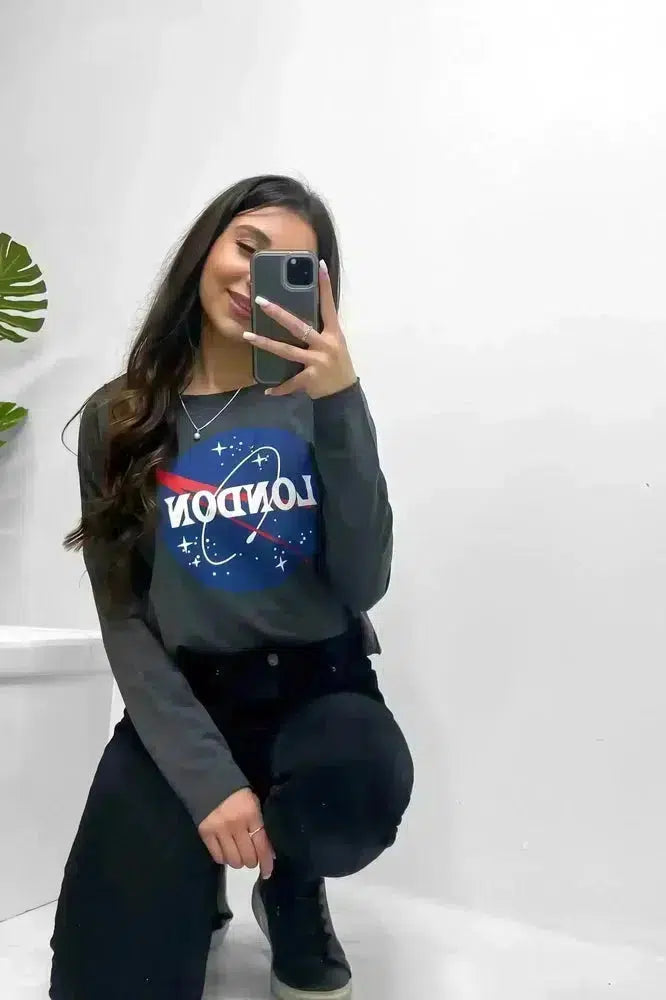 Grey London Galaxy Print Cropped Sweatshirt-SinglePrice