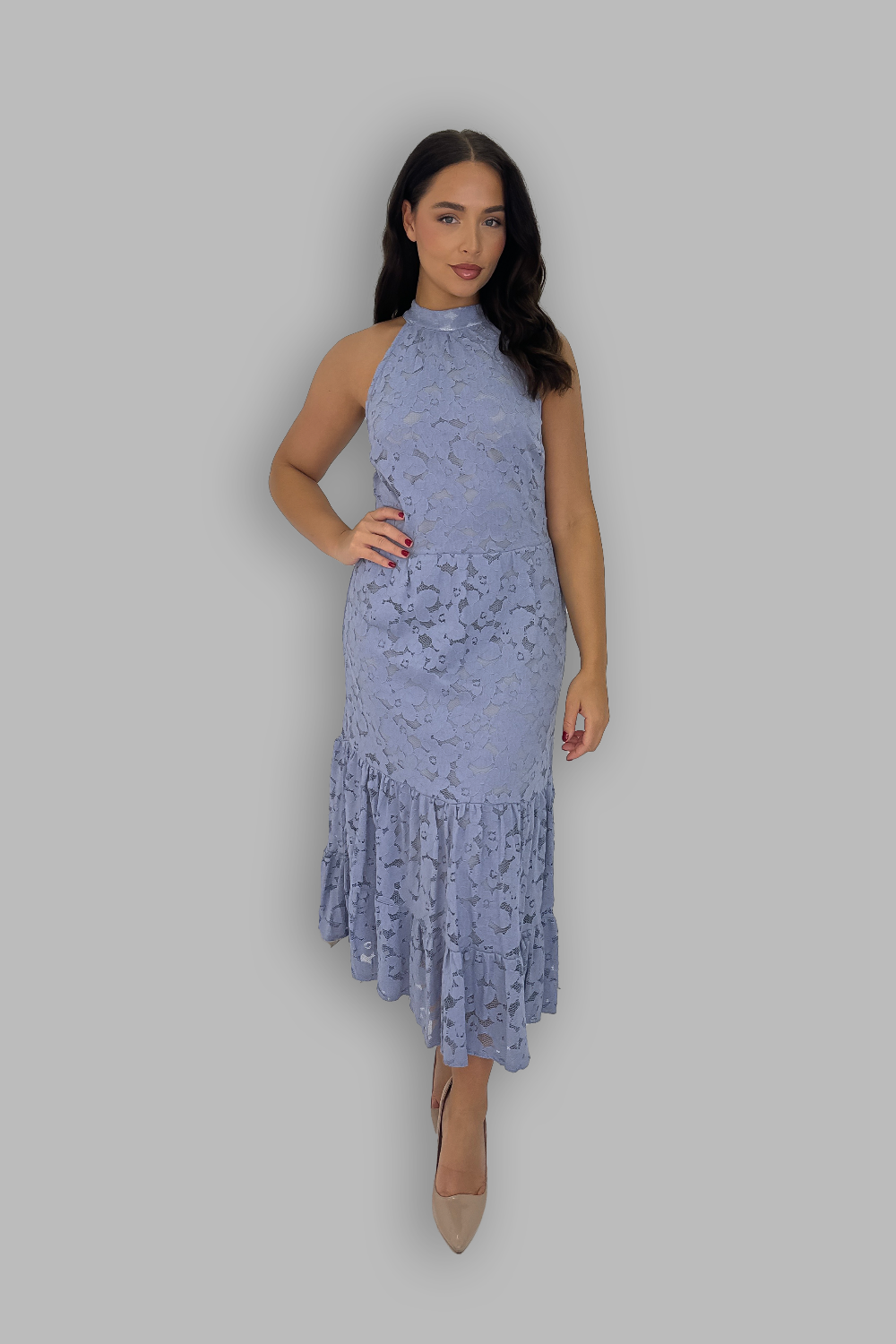 Halterneck Lace Sleeveless Tiered Maxi Dress