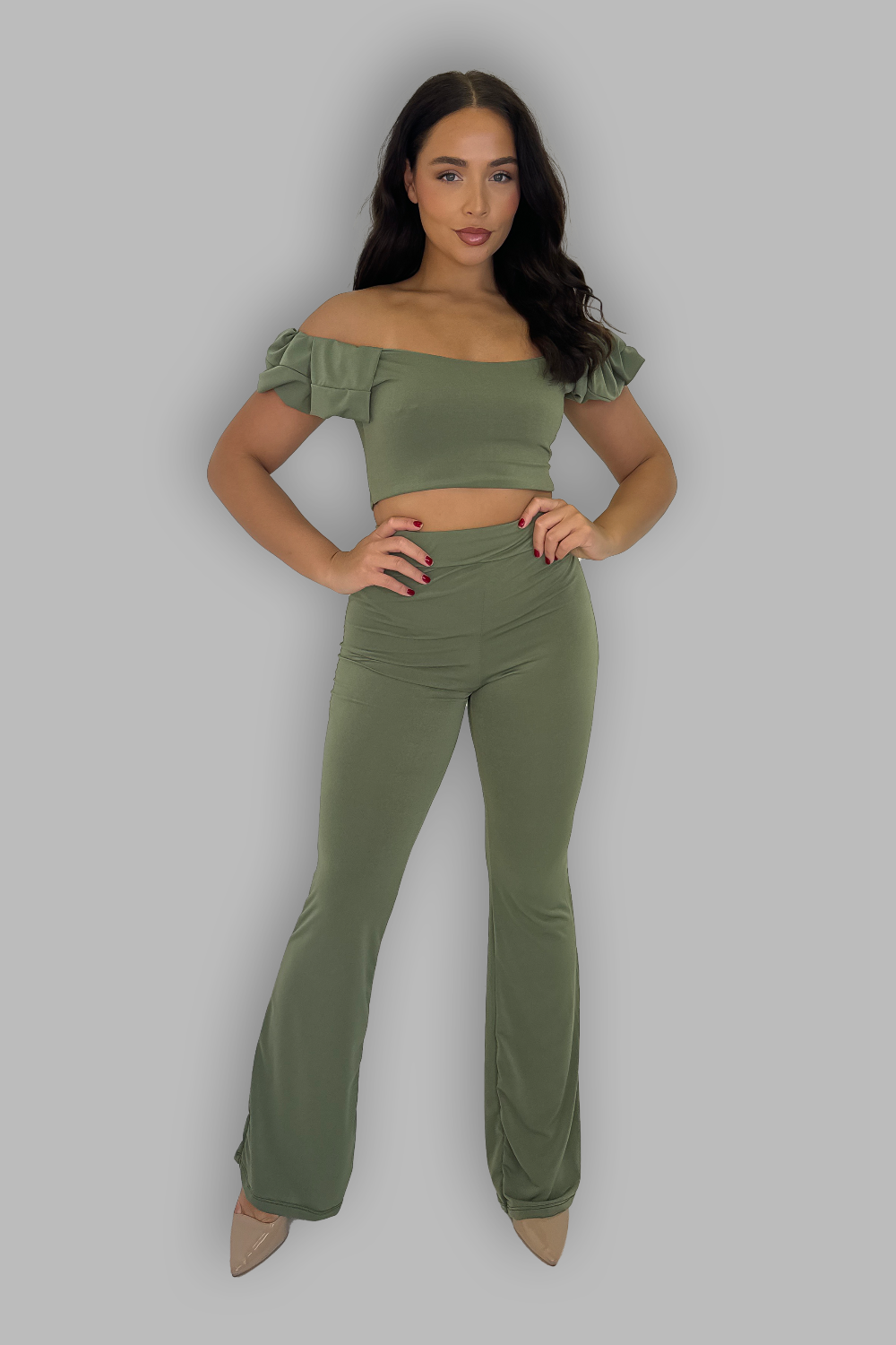 Off The Shoulder Top and High Waist Flared Leg Trousers Coord Set
