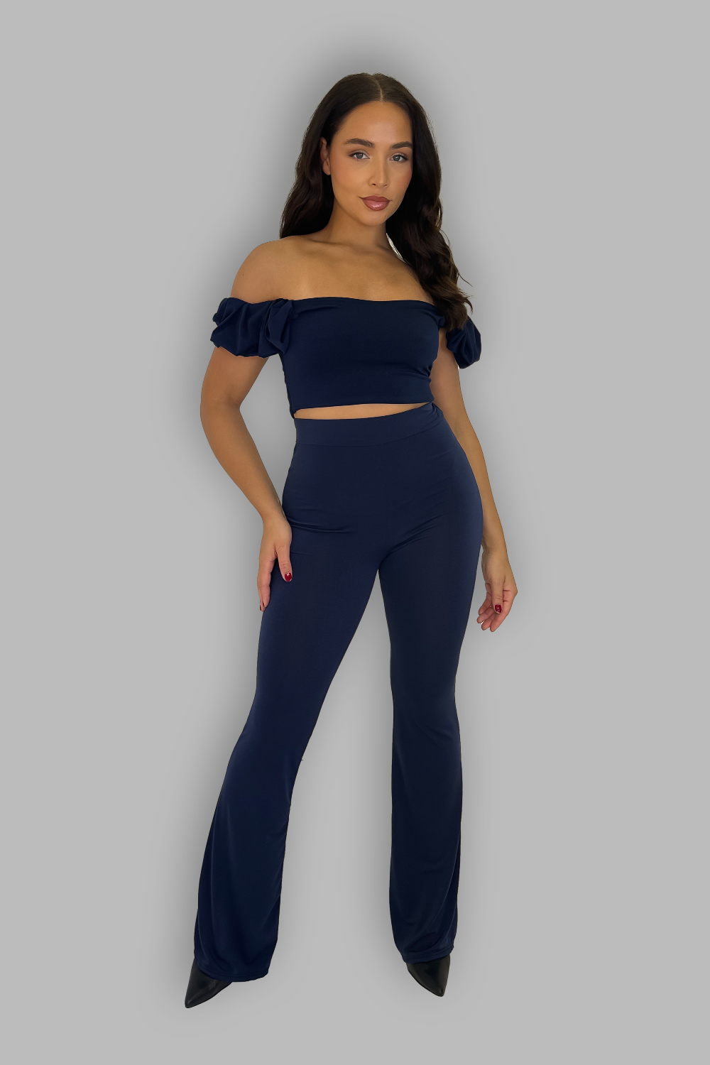 Off The Shoulder Top and High Waist Flared Leg Trousers Coord Set