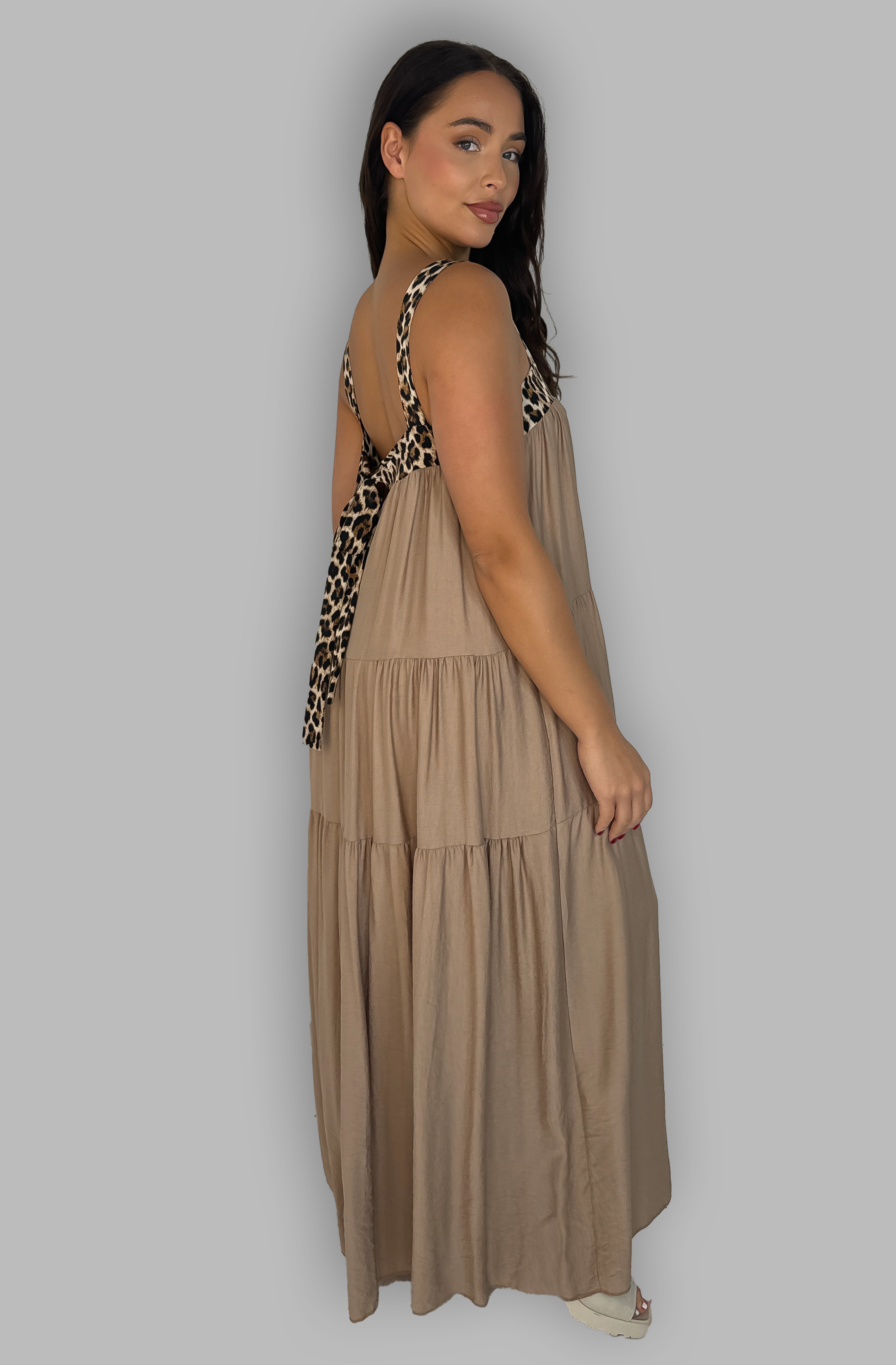 Leopard Trims Maxi Babydoll Dress