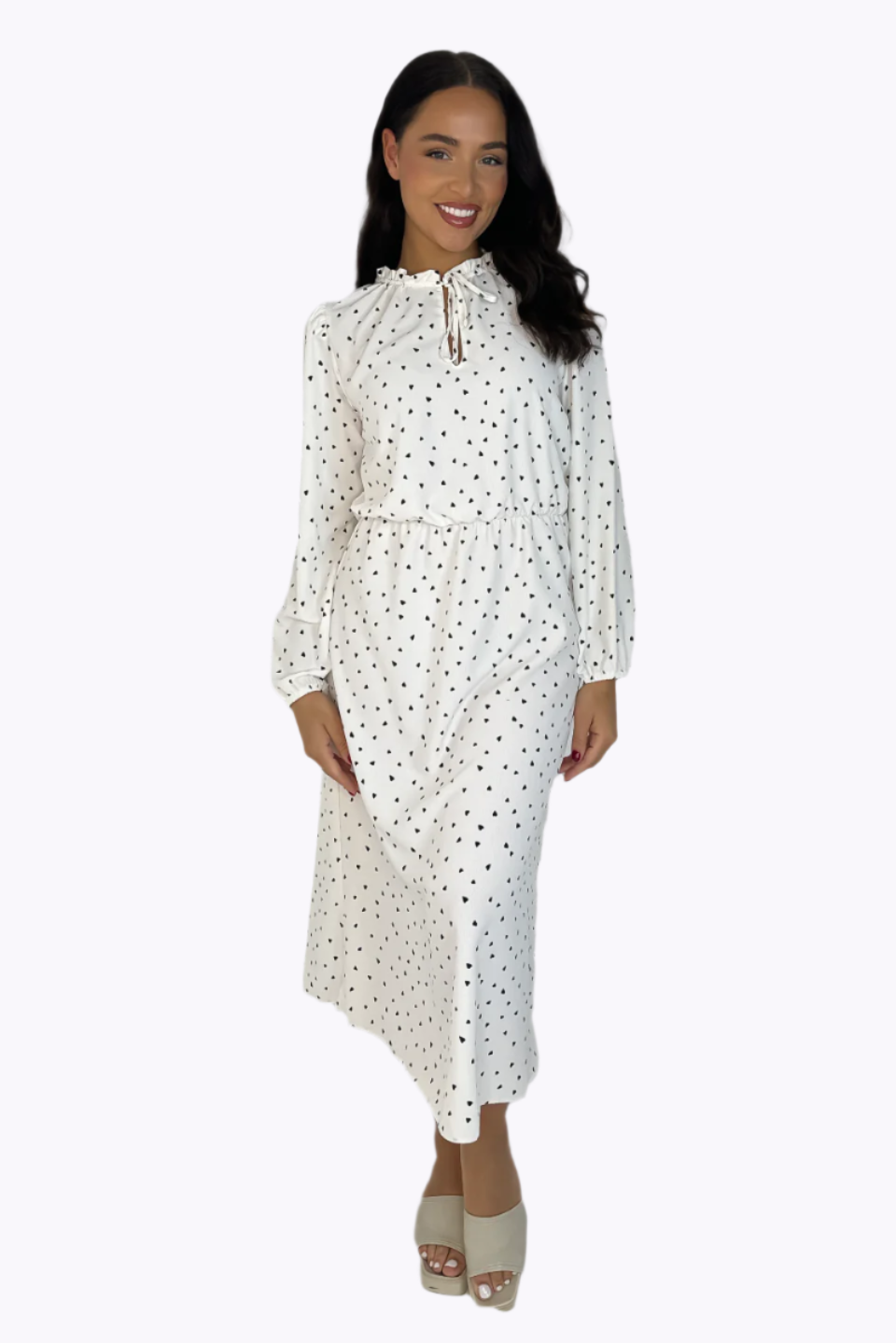 Elegant Tie Up Mock Neck Chiffon Heart Print Long Dress-SinglePrice