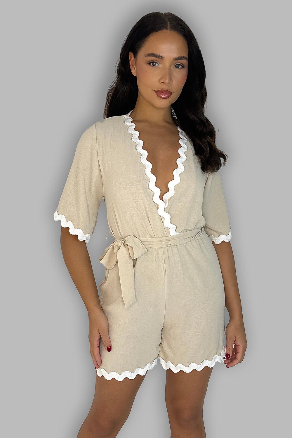 Deep V-Neck Short Sleeve Contrast Trim Tie Waist Playsuit-SinglePrice