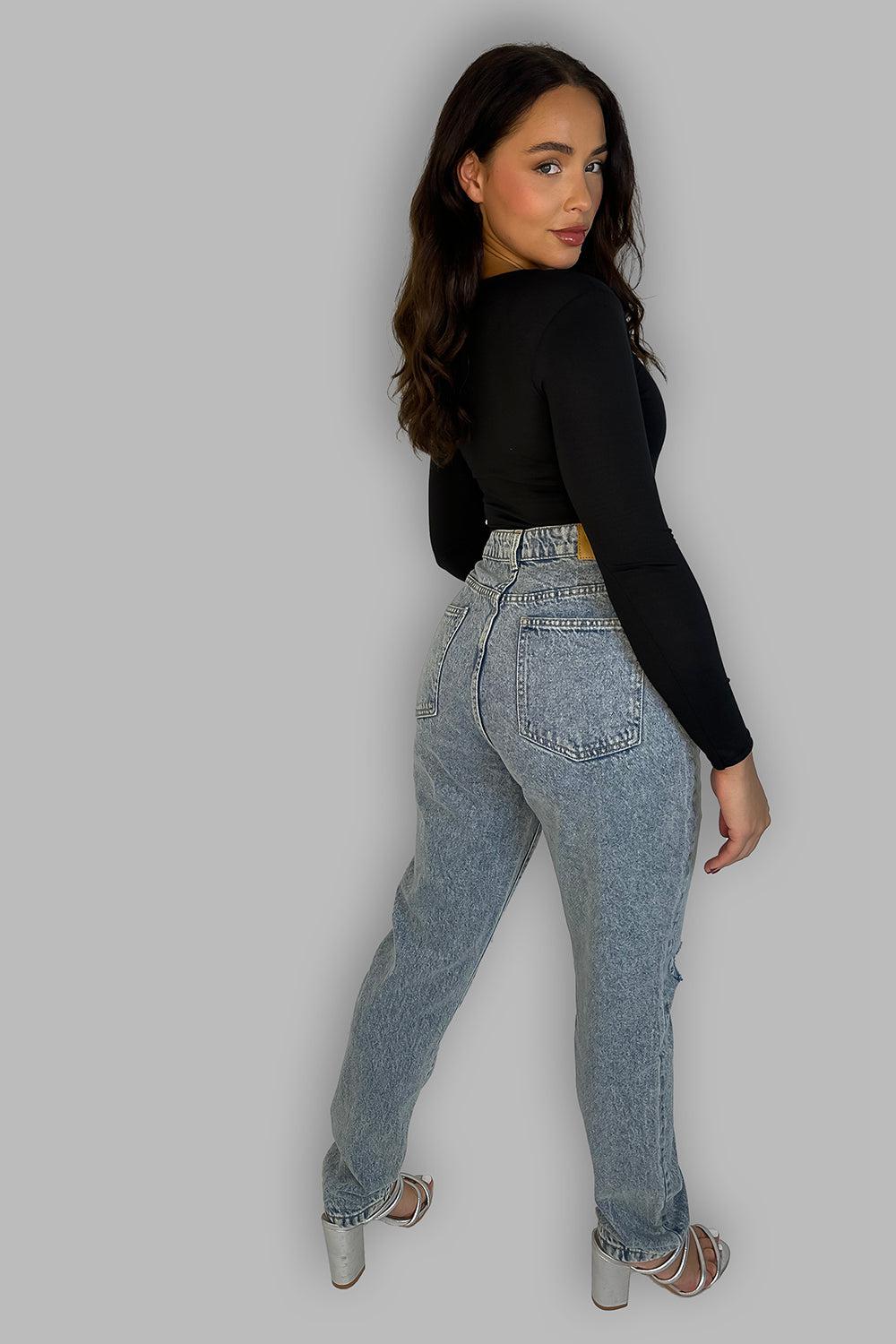 Washed Blue High Waisted Ripped Jeans