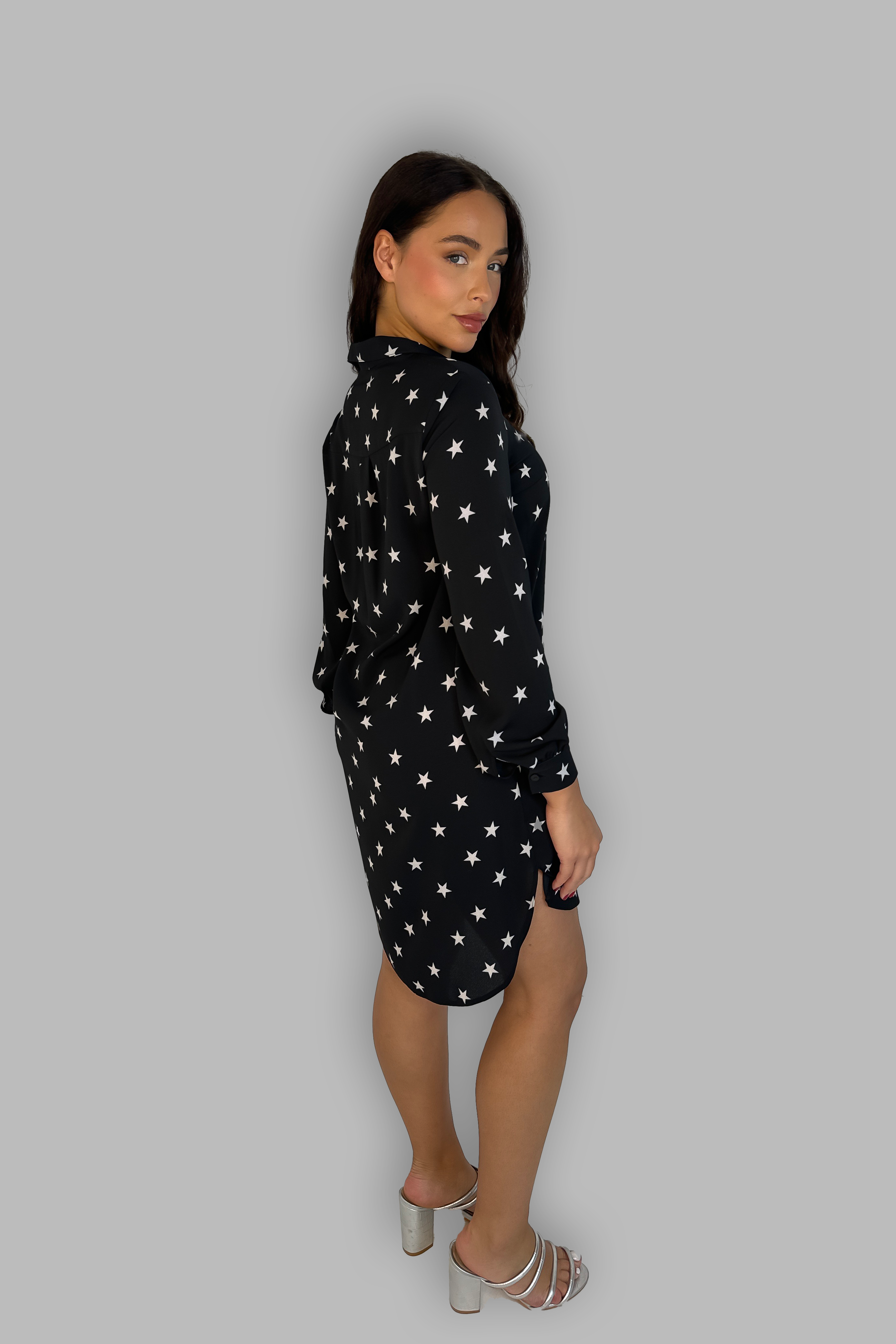 Star Print Black Long Sleeve Shirt Dress-SinglePrice