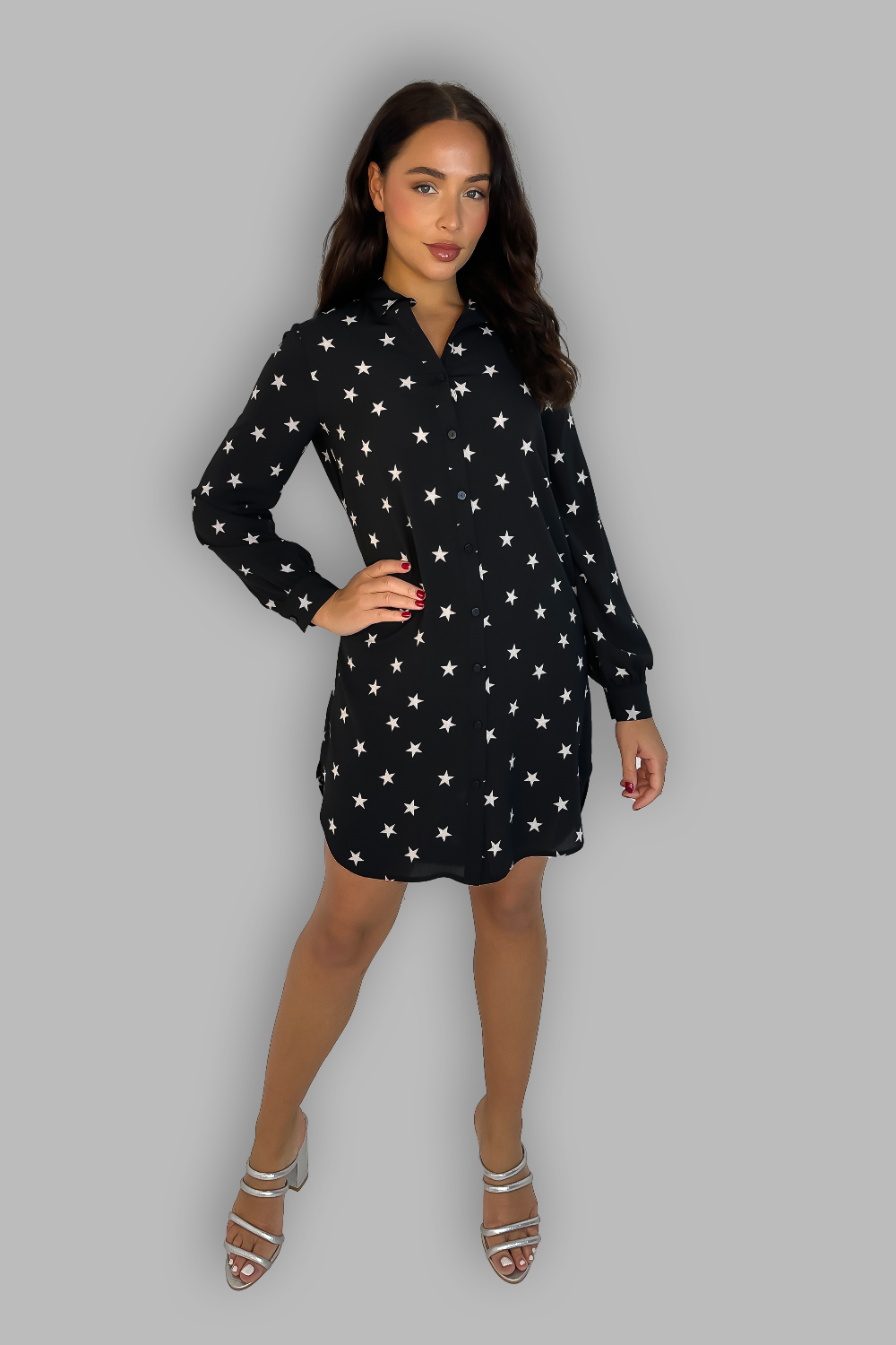 Star Print Black Long Sleeve Shirt Dress-SinglePrice
