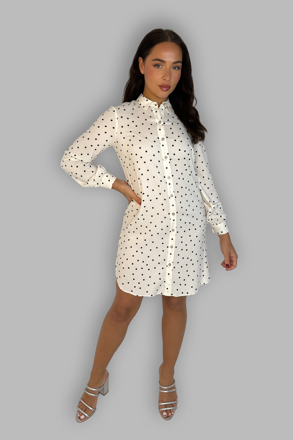 Cream Polka Dot Chiffon Shirt Dress-SinglePrice