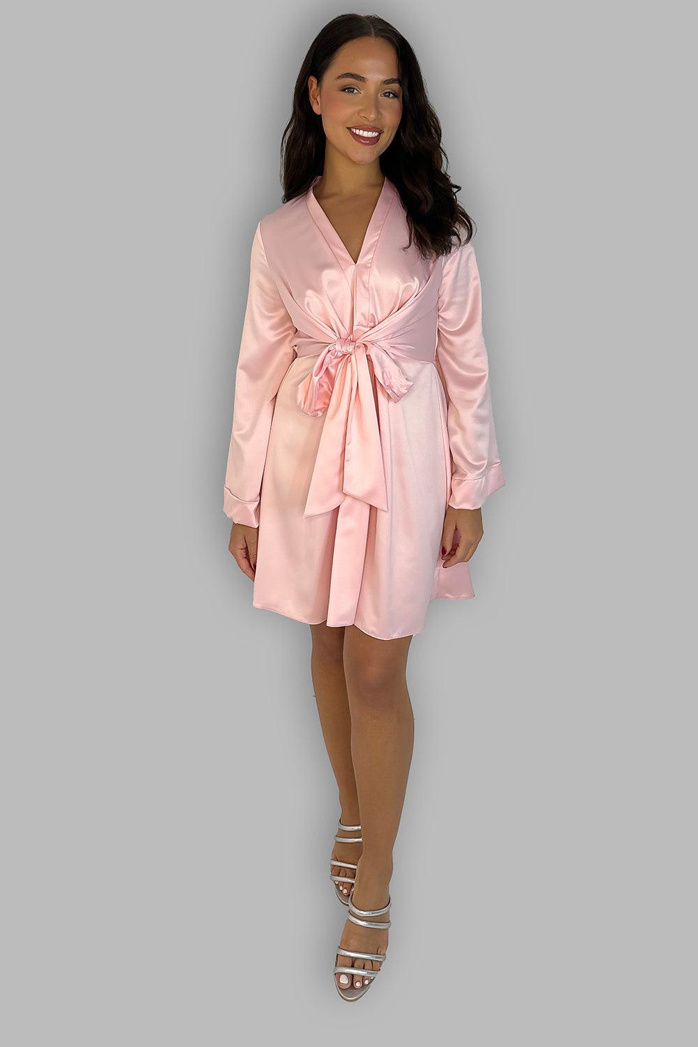 Light Pink Front Tie Long Sleeve Satin Midi Dress