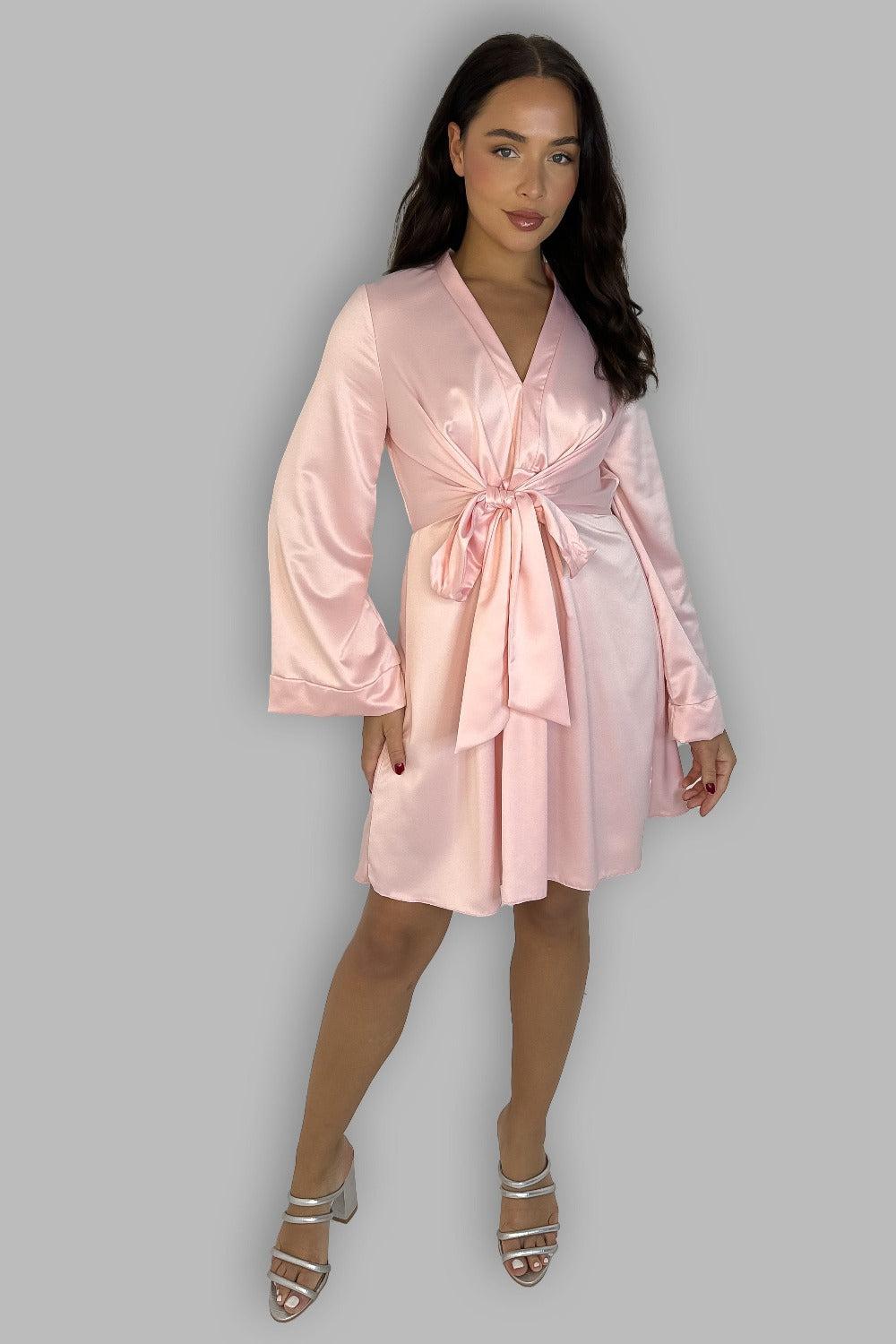 Light Pink Front Tie Long Sleeve Satin Midi Dress