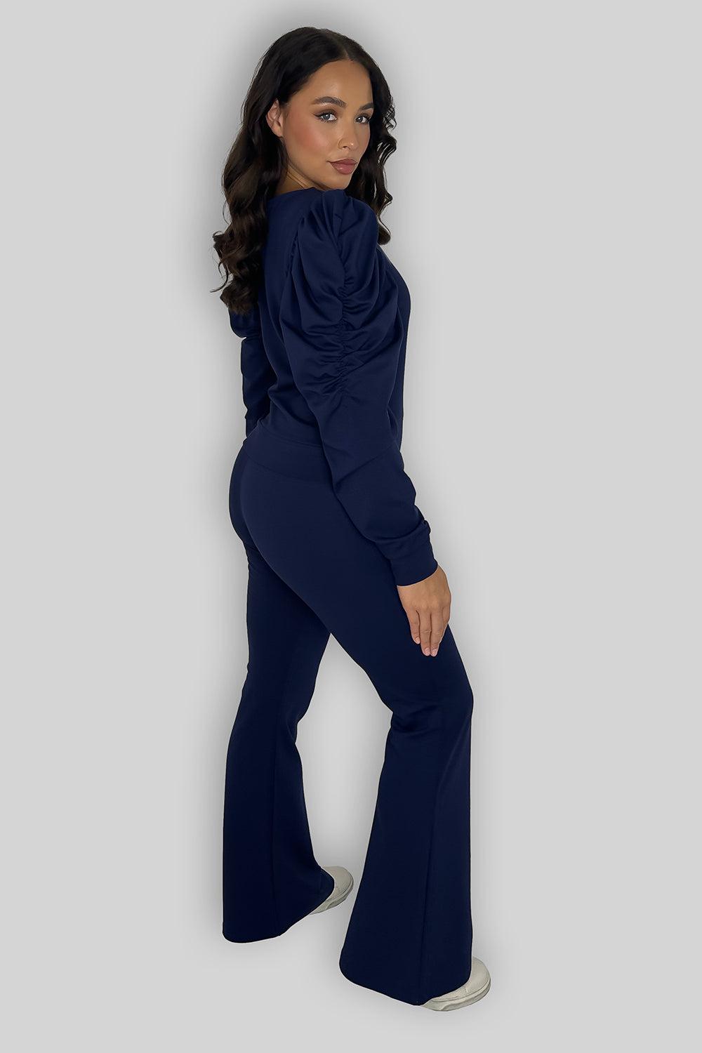 Ruched Sleeve Zip Up Top And Wide Leg Trousers Coord Set-SinglePrice