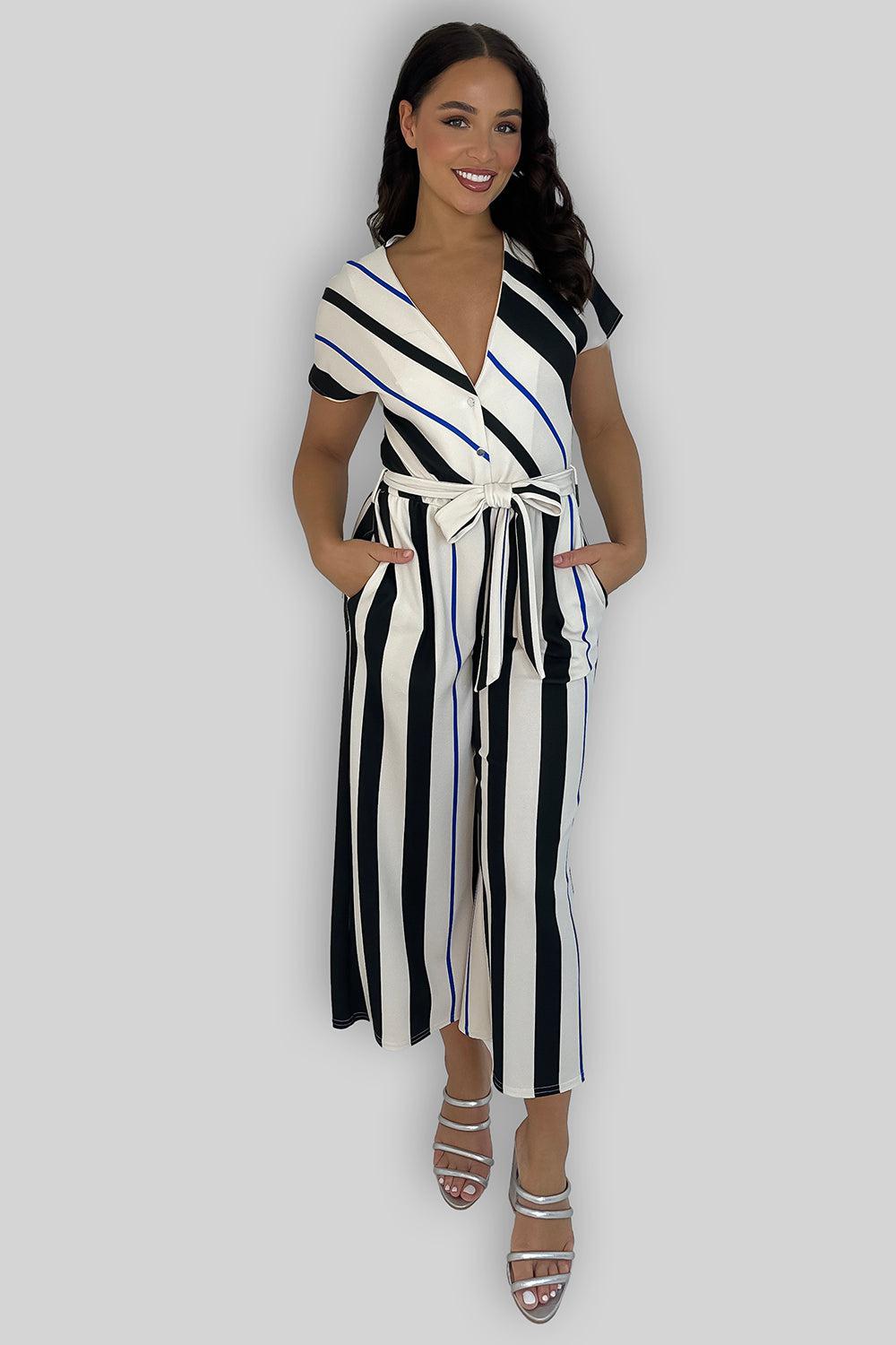 Button Detail Tie Up Striped Cropped Jumpsuit
