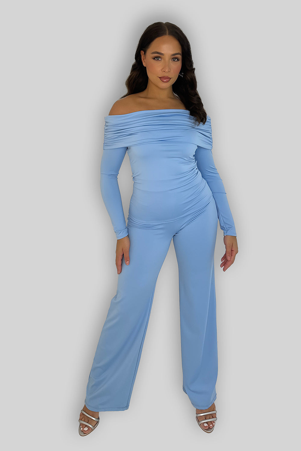 Off The Shoulder Long Sleeve Top And Straight Leg Trousers Co-ord Set-SinglePrice